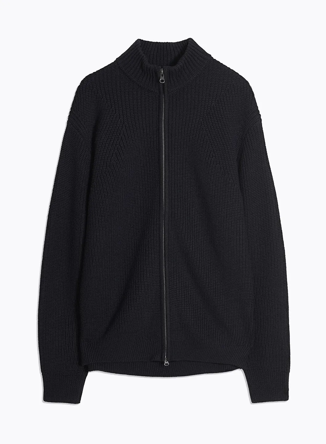 Gilet Zippé Marine à Grosse Maille Col Montant Manches Longues en Laine Merinos