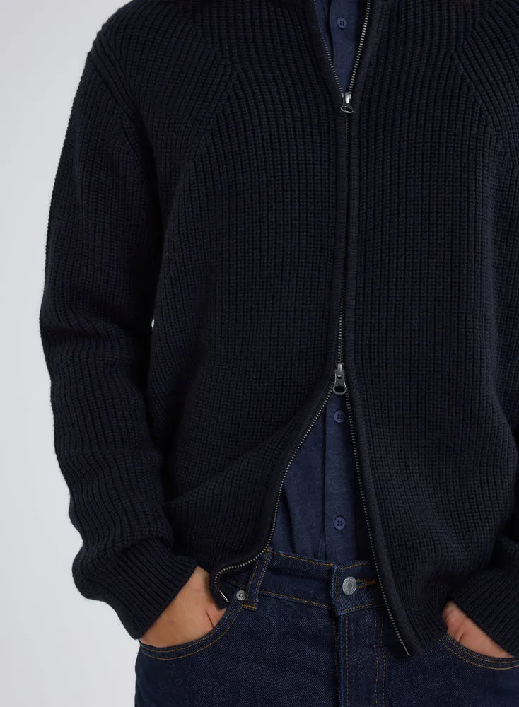 Gilet Zippé Marine à Grosse Maille Col Montant Manches Longues en Laine Merinos