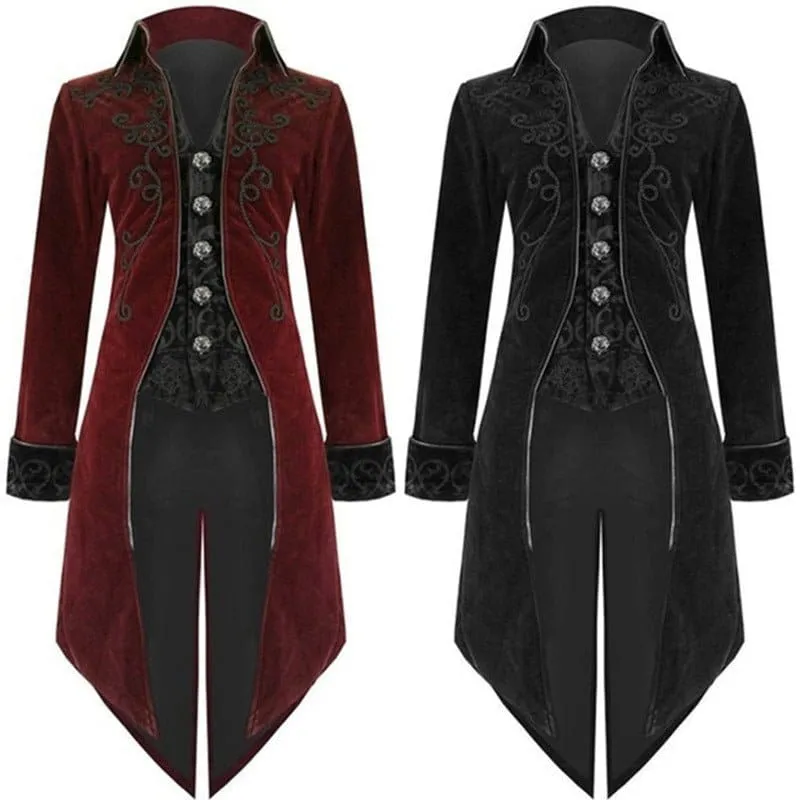 Gothic Long Steampunk Victorian Style Mens Tailcoat in Burgundy and Black