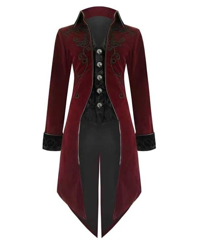 Gothic Long Steampunk Victorian Style Mens Tailcoat in Burgundy and Black