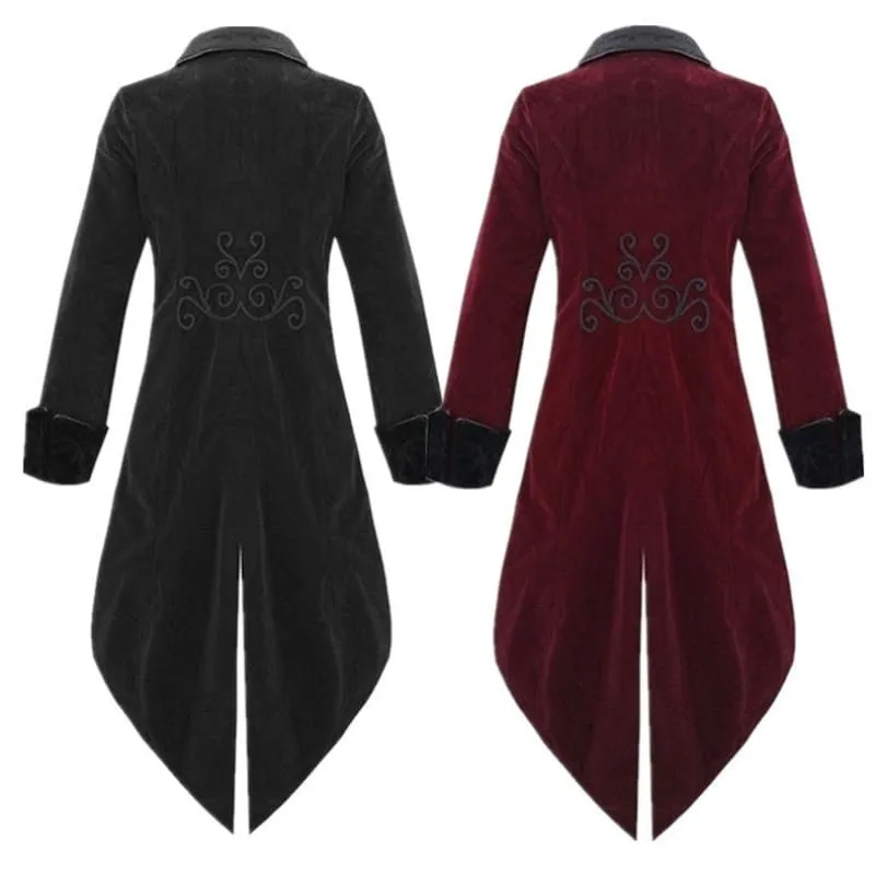 Gothic Long Steampunk Victorian Style Mens Tailcoat in Burgundy and Black