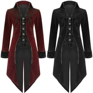 Gothic Long Steampunk Victorian Style Mens Tailcoat in Burgundy and Black