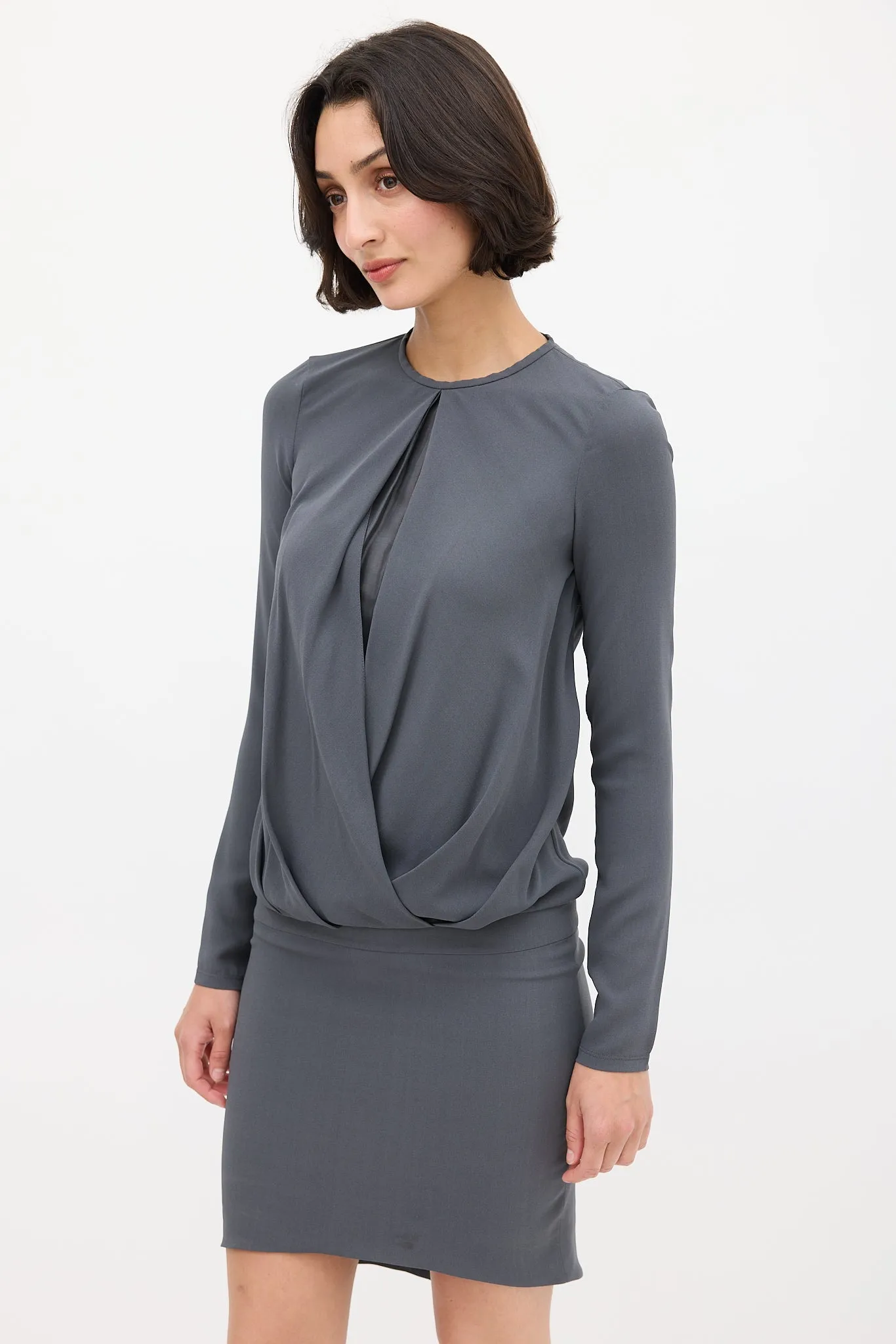 Grey Silk Draped Fitted Dress