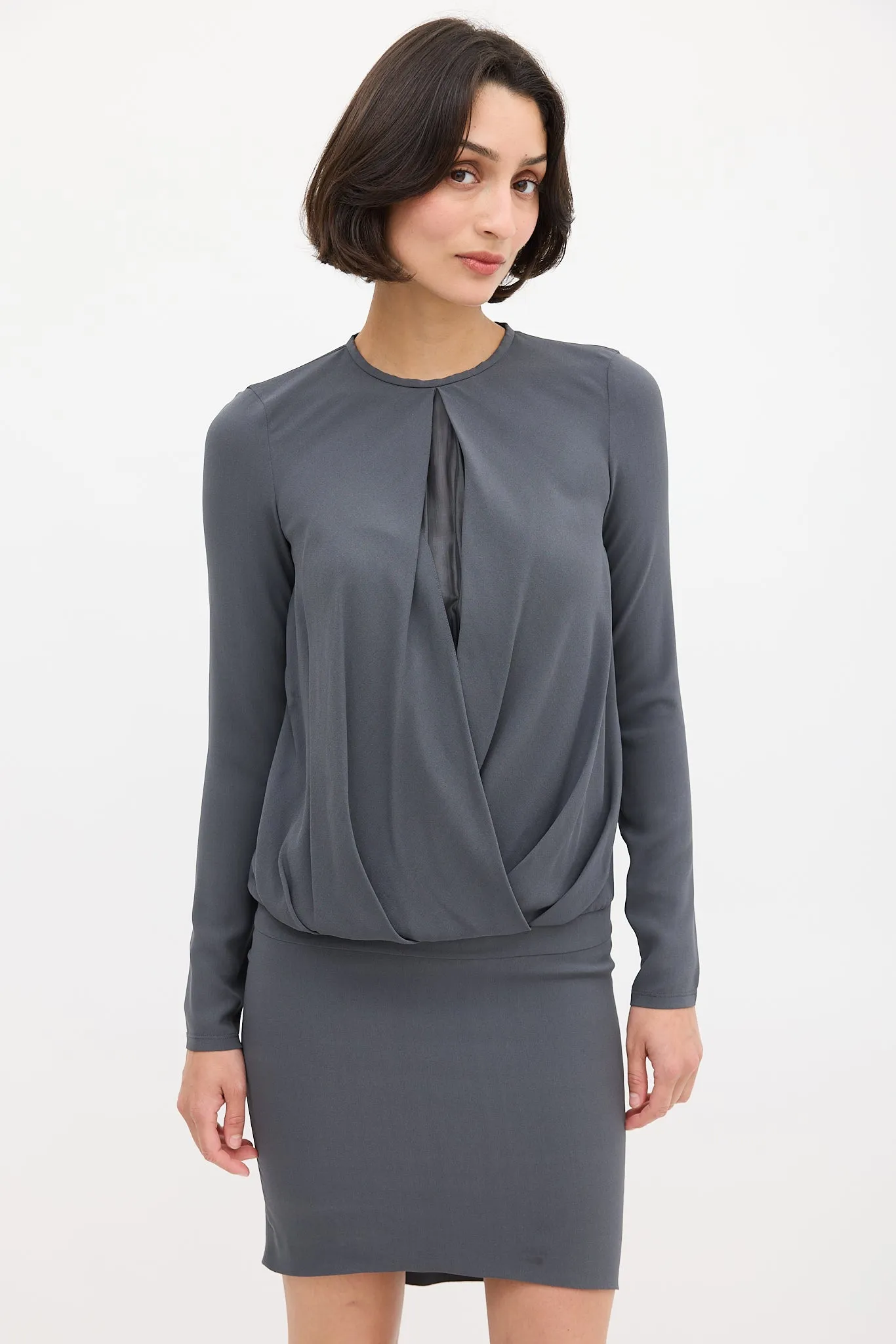 Grey Silk Draped Fitted Dress