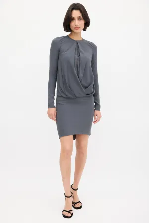 Grey Silk Draped Fitted Dress