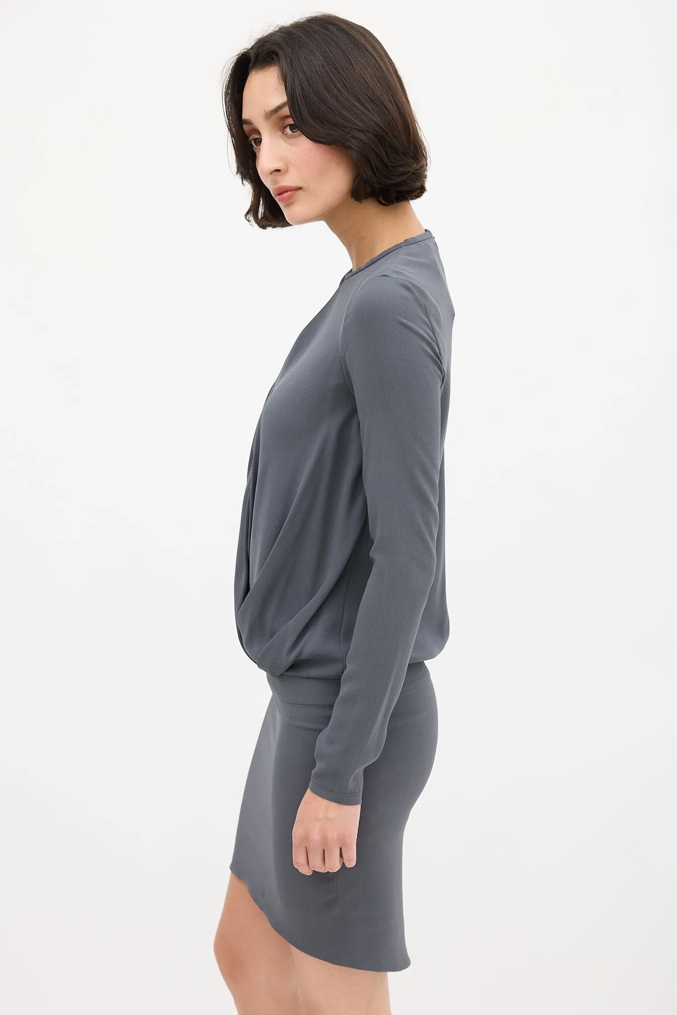 Grey Silk Draped Fitted Dress