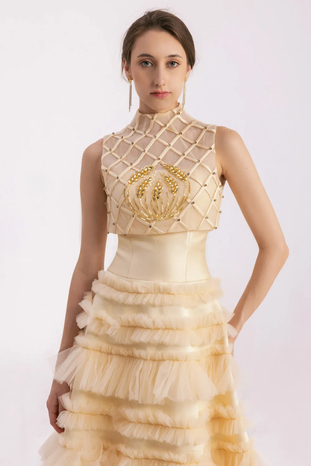 Hester Layered Sleeveless Mesh Silk Floor Length Dress