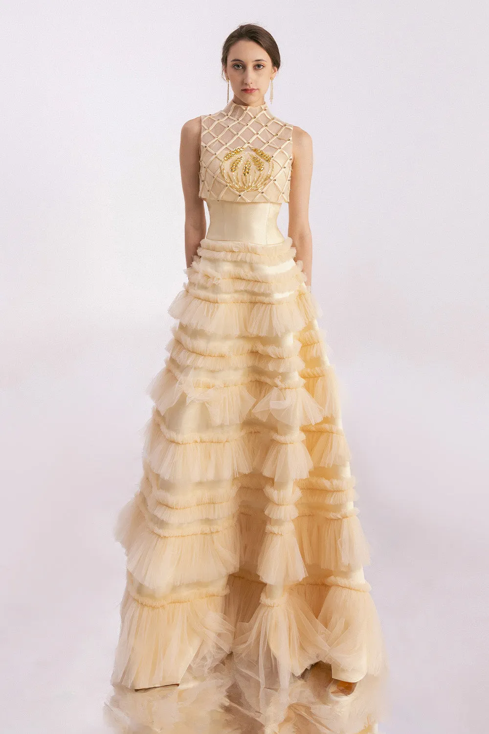 Hester Layered Sleeveless Mesh Silk Floor Length Dress