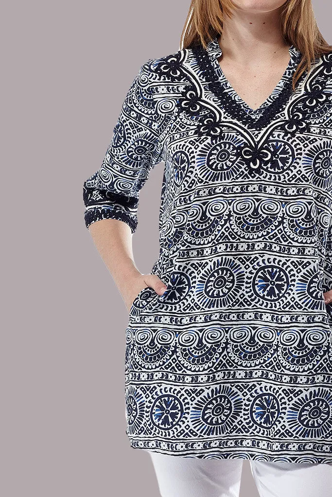 La Cera Short Sleeve Printed Tunic Top