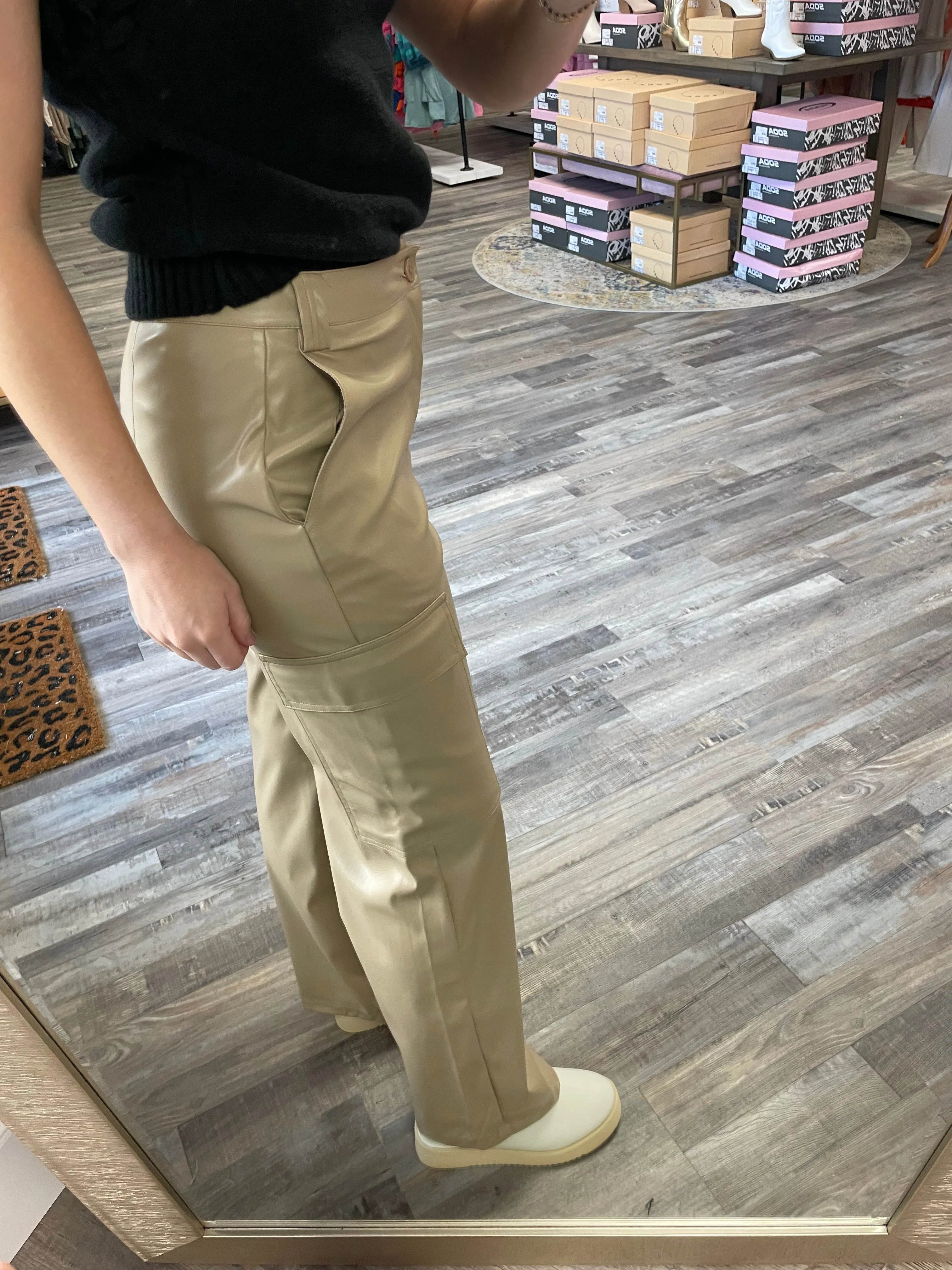 Leather Cargo Pants - Taupe