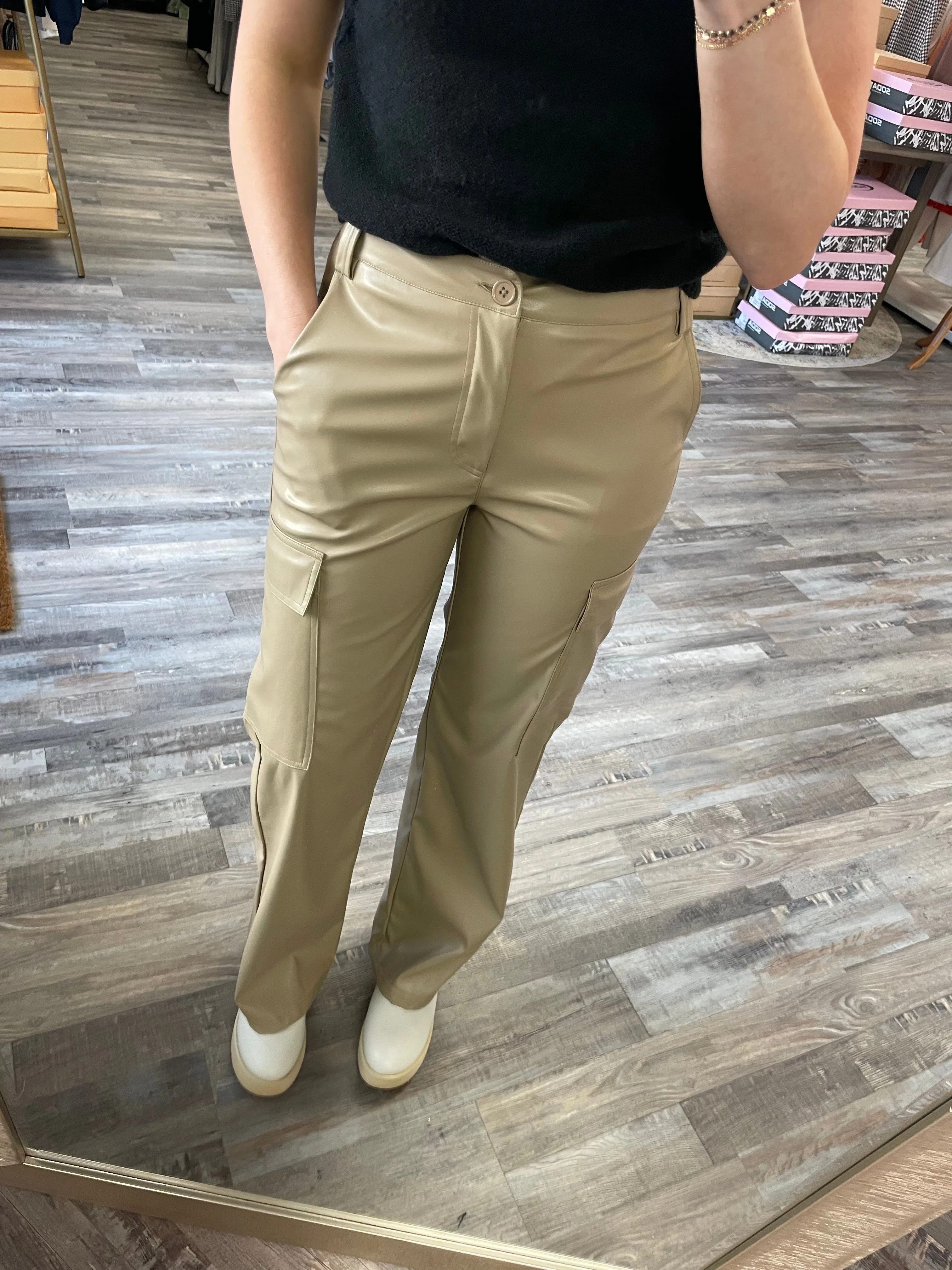 Leather Cargo Pants - Taupe
