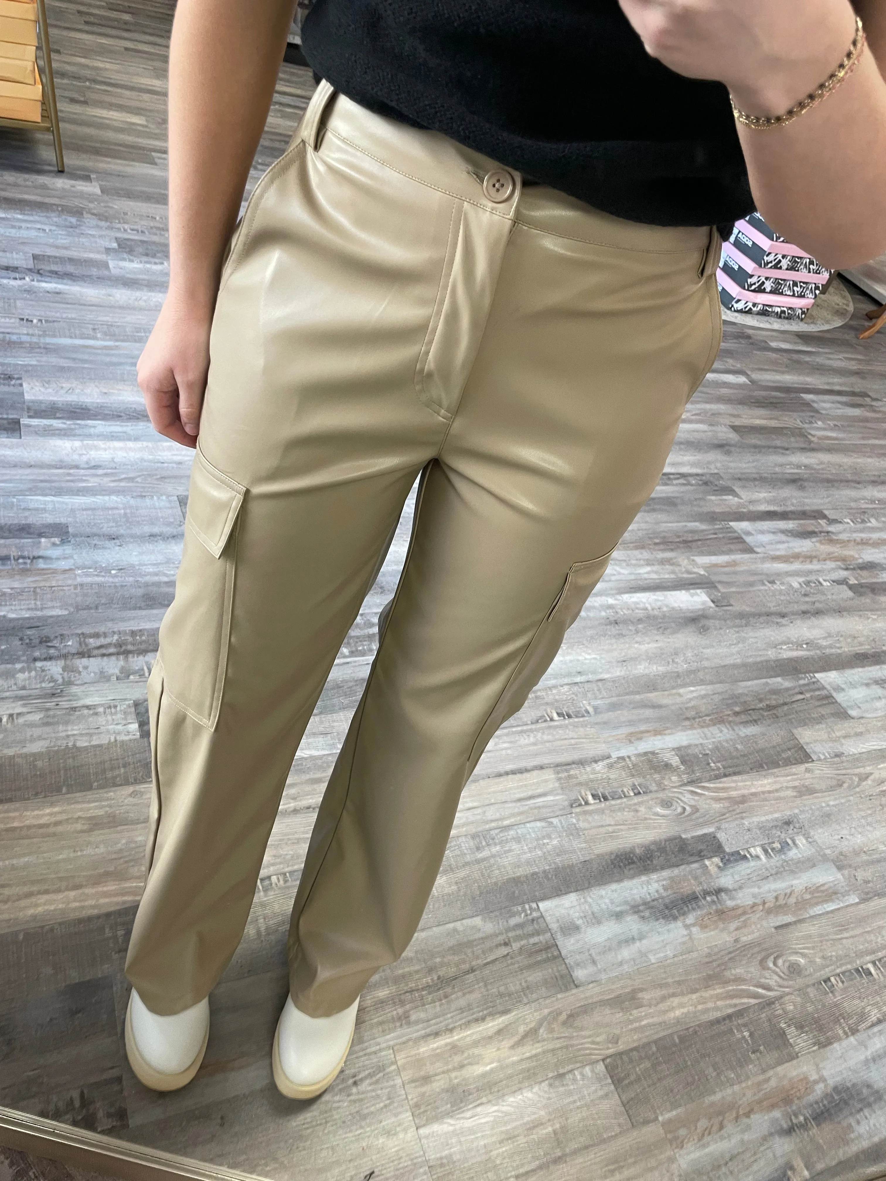 Leather Cargo Pants - Taupe