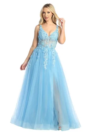 LF 7728 - Layered Tulle A-Line Prom Gown with 3D floral Embellished Sheer Boned Bodice & Leg Slit