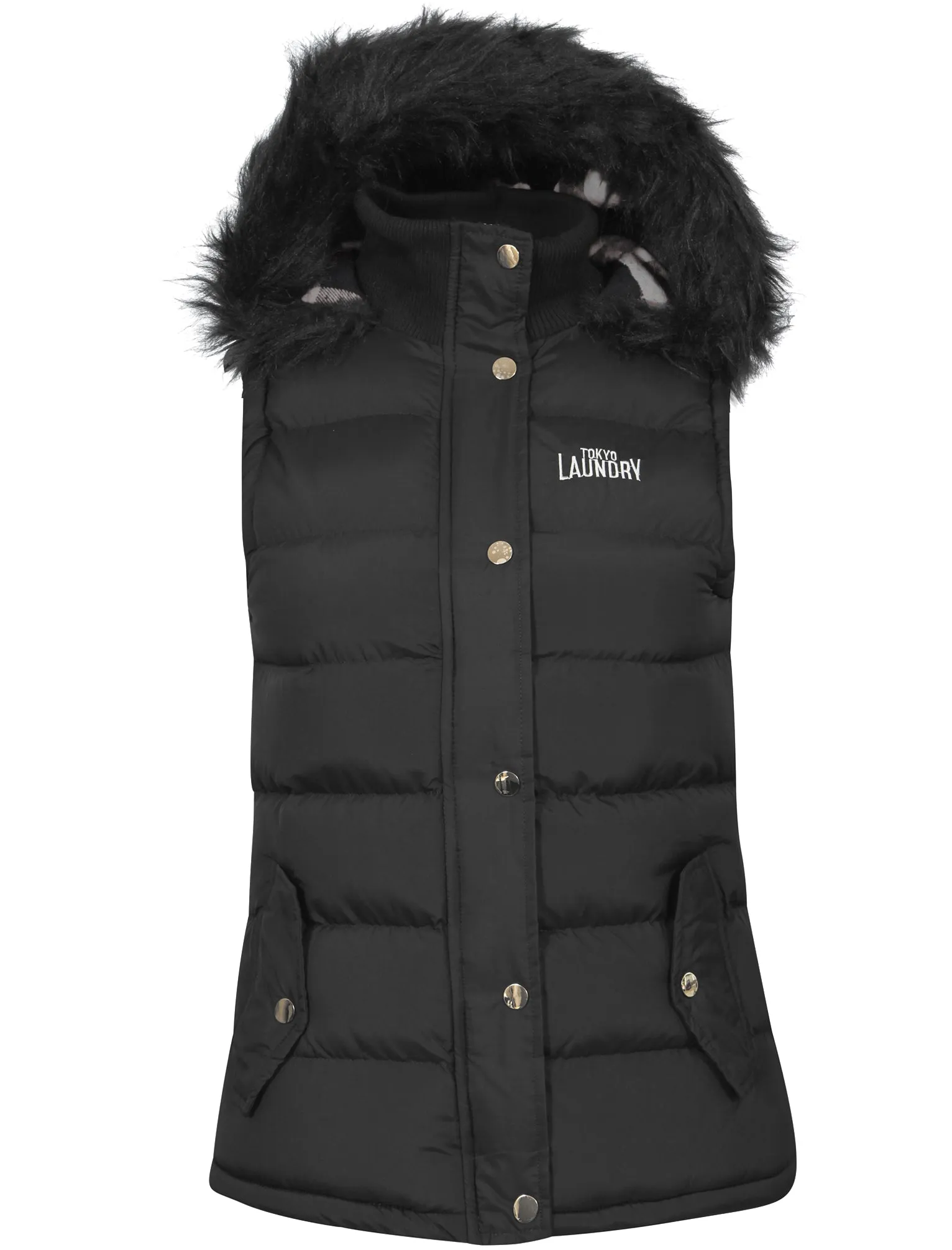 Liberty Fur Trim Hood Padded Gilet In Black - Tokyo Laundry