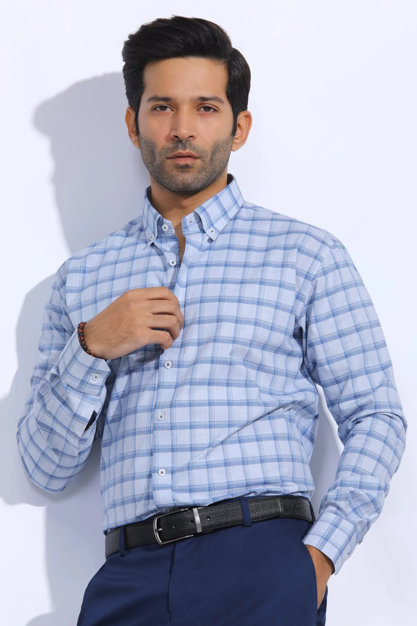 Light Grey Windowpane Check Casual Milano Shirt