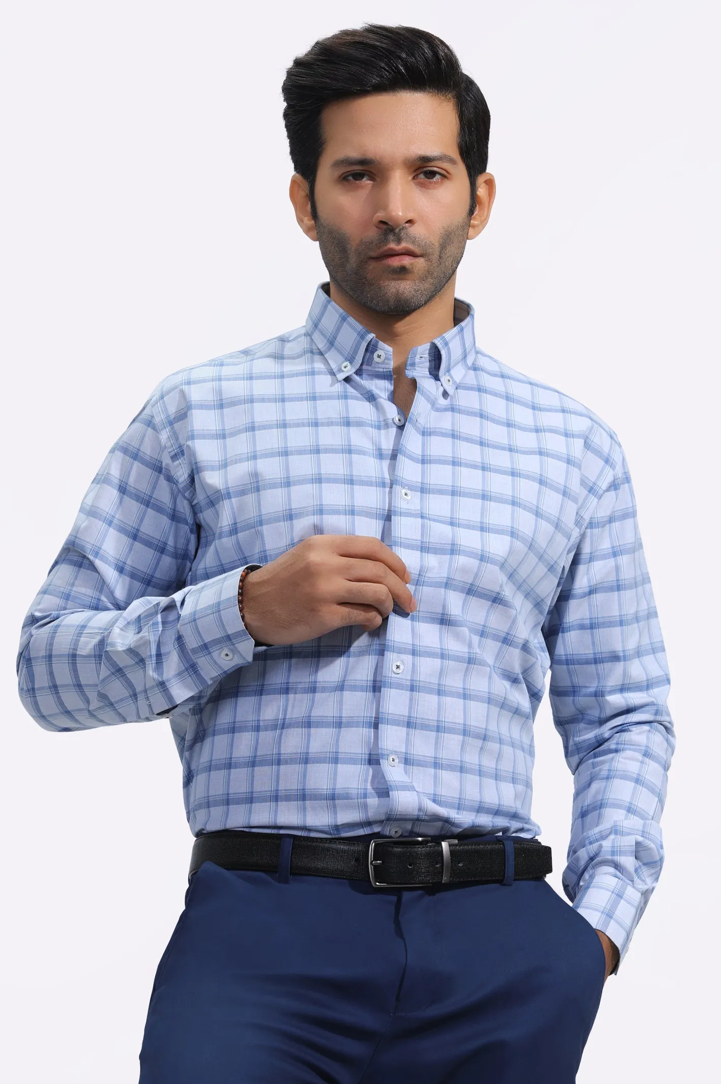 Light Grey Windowpane Check Casual Milano Shirt