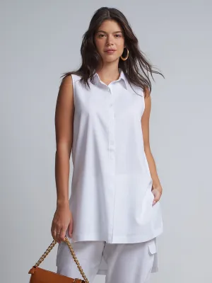 Linen-Blend Button-Front Slit-Side Tunic Top
