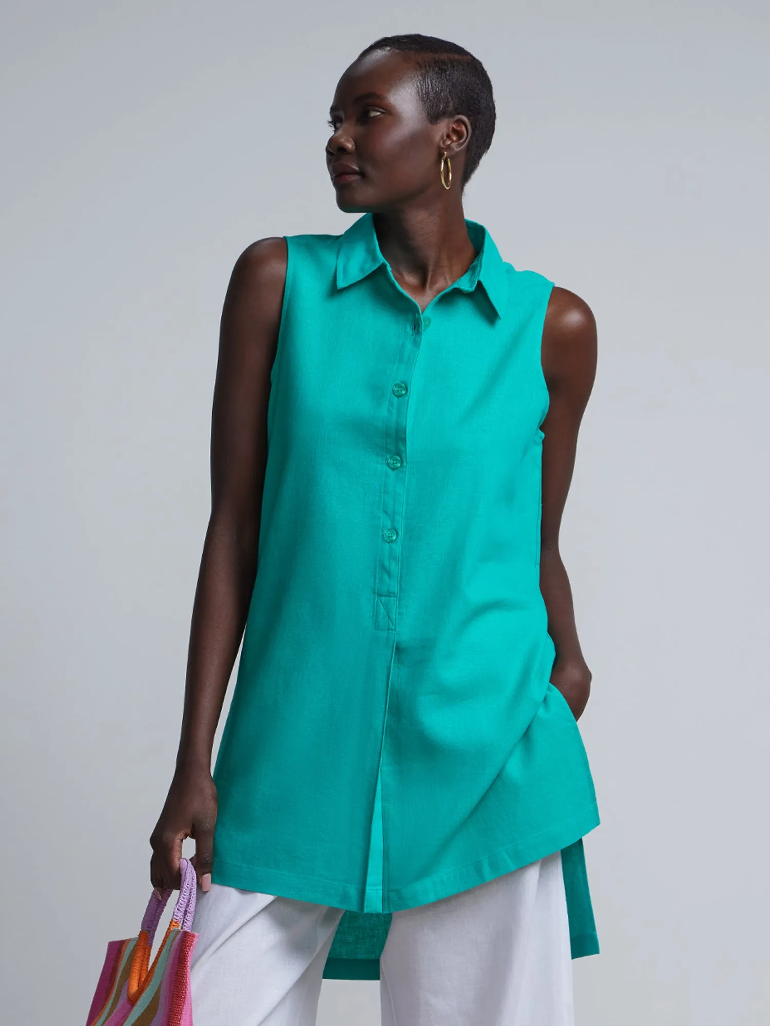Linen-Blend Button-Front Slit-Side Tunic Top