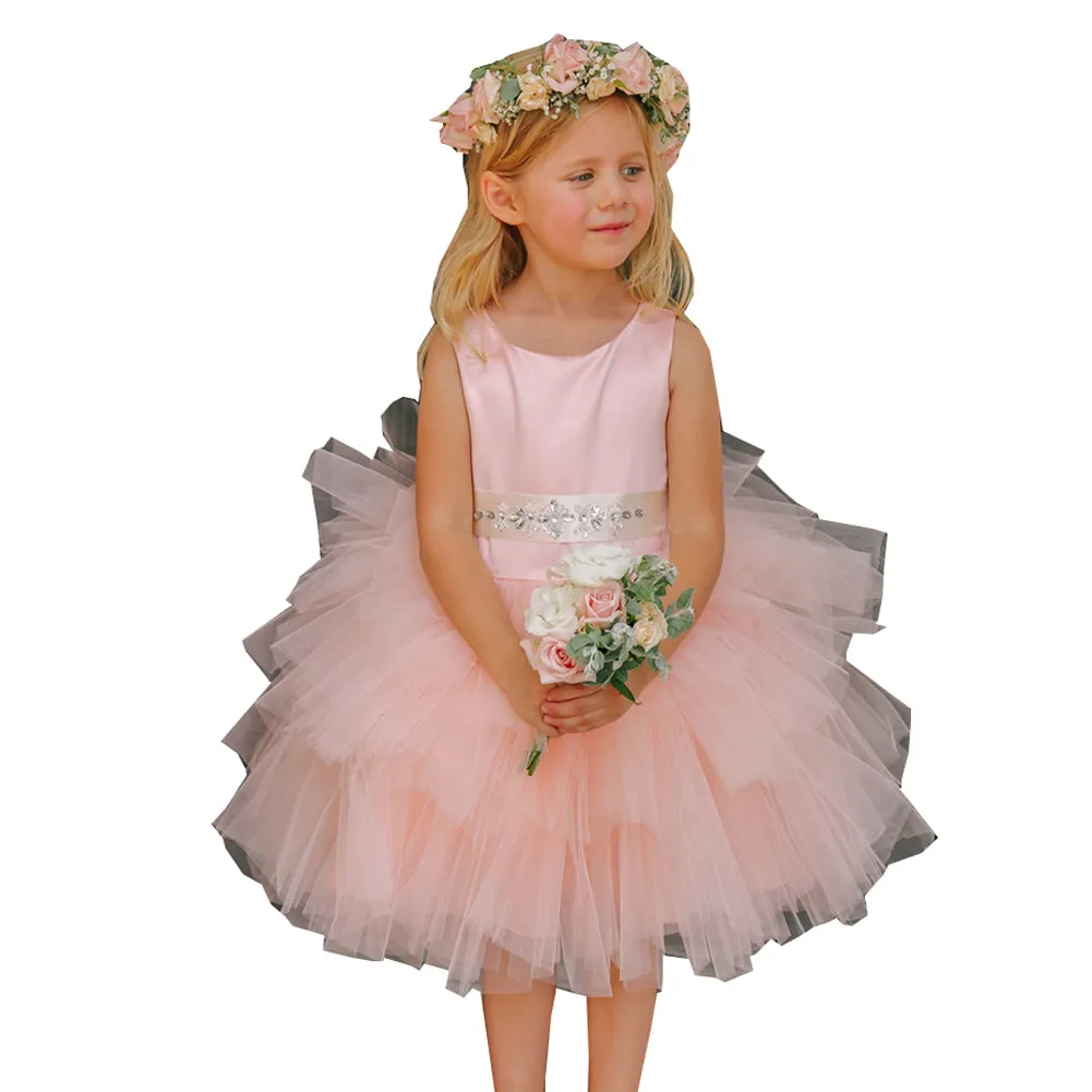 Little Girls Blush Satin Layered Tulle Removable Sash Flower Girl Dress 2