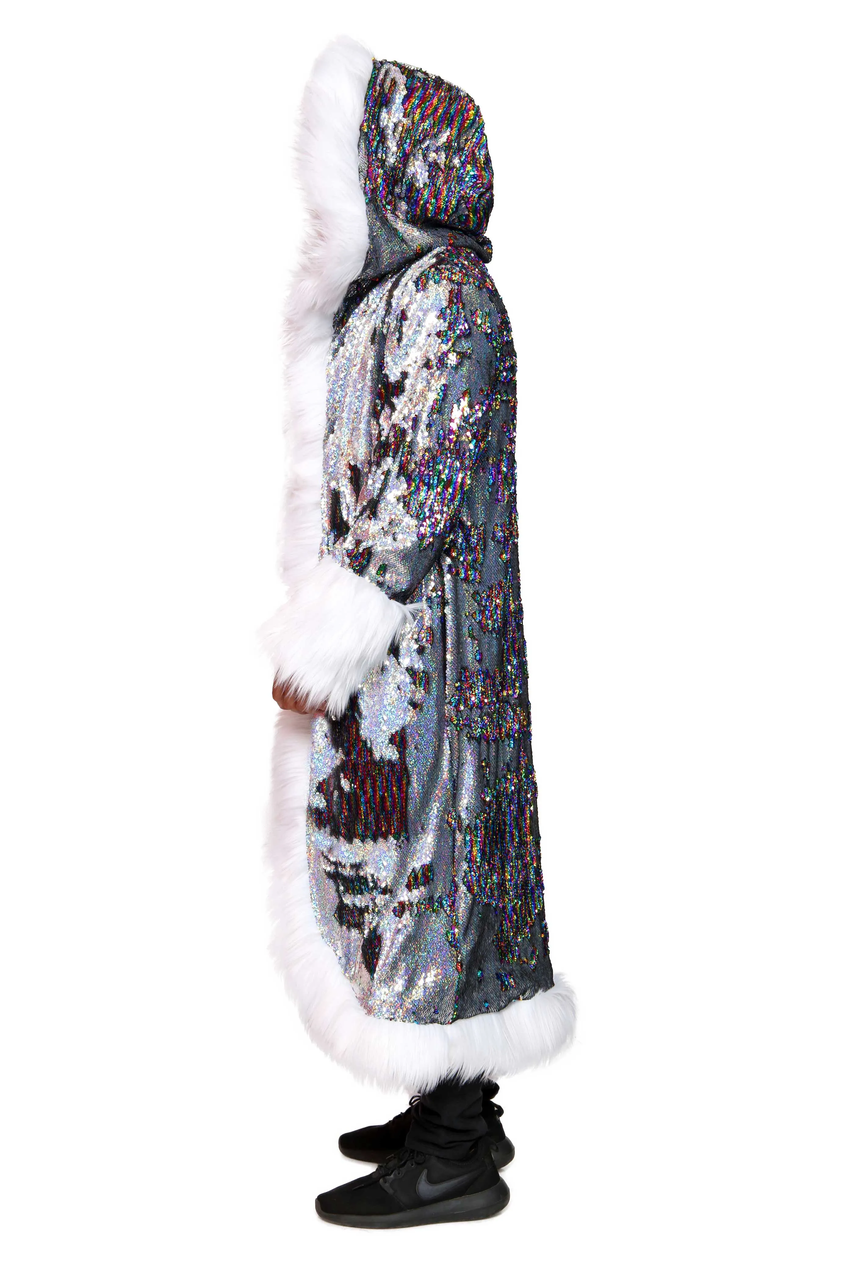 Men's Sequin King Coat in "Silver Hologram-Rainbow Stripe"