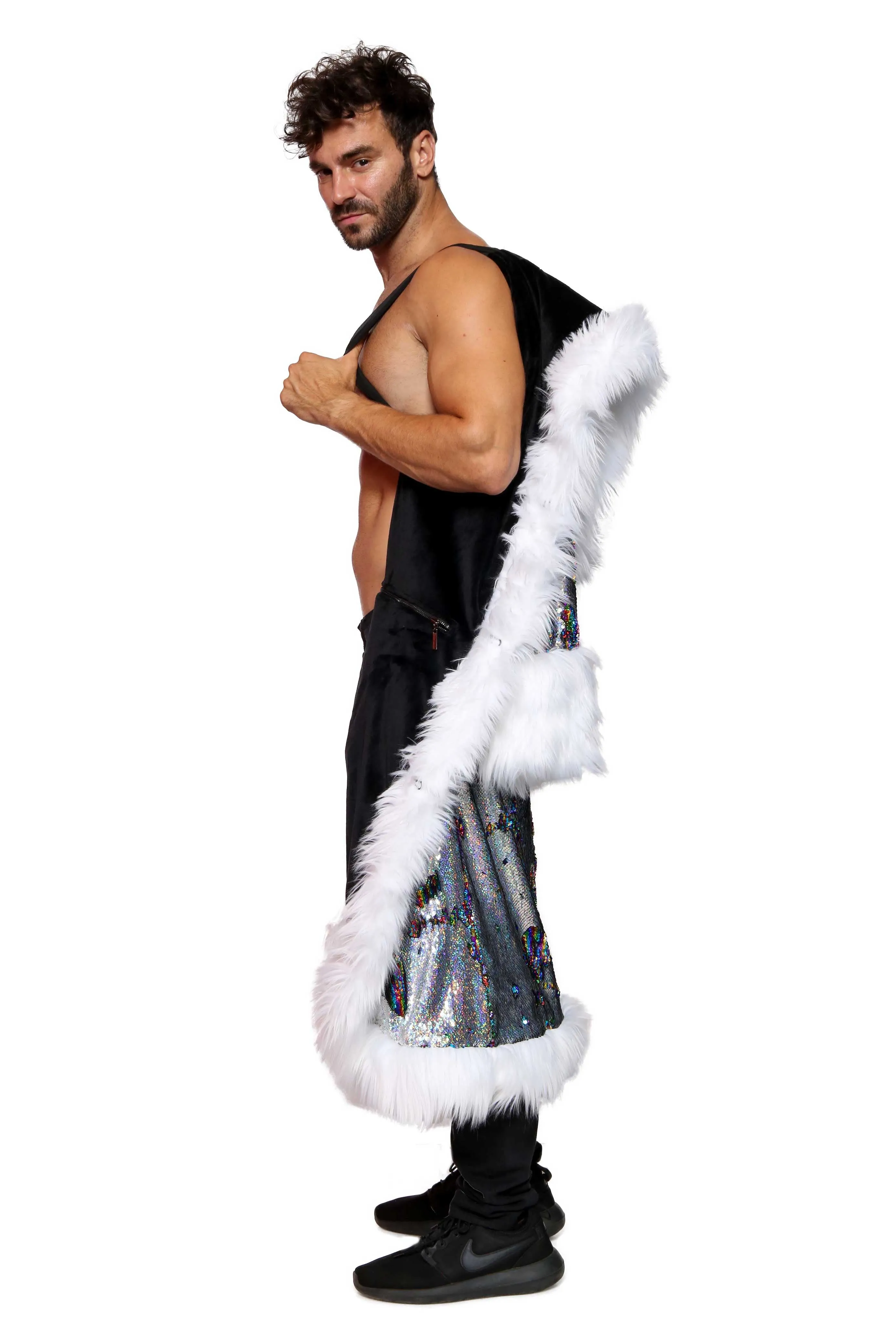 Men's Sequin King Coat in "Silver Hologram-Rainbow Stripe"