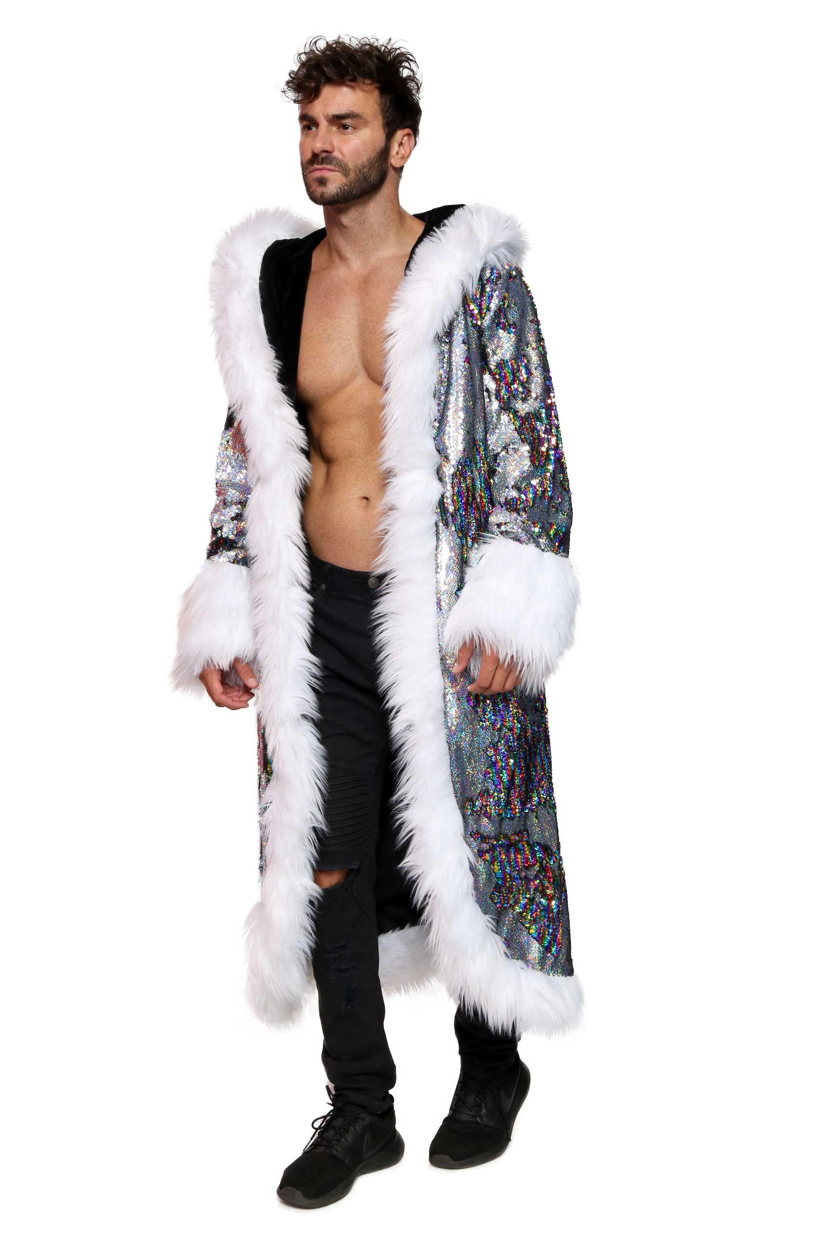 Men's Sequin King Coat in "Silver Hologram-Rainbow Stripe"