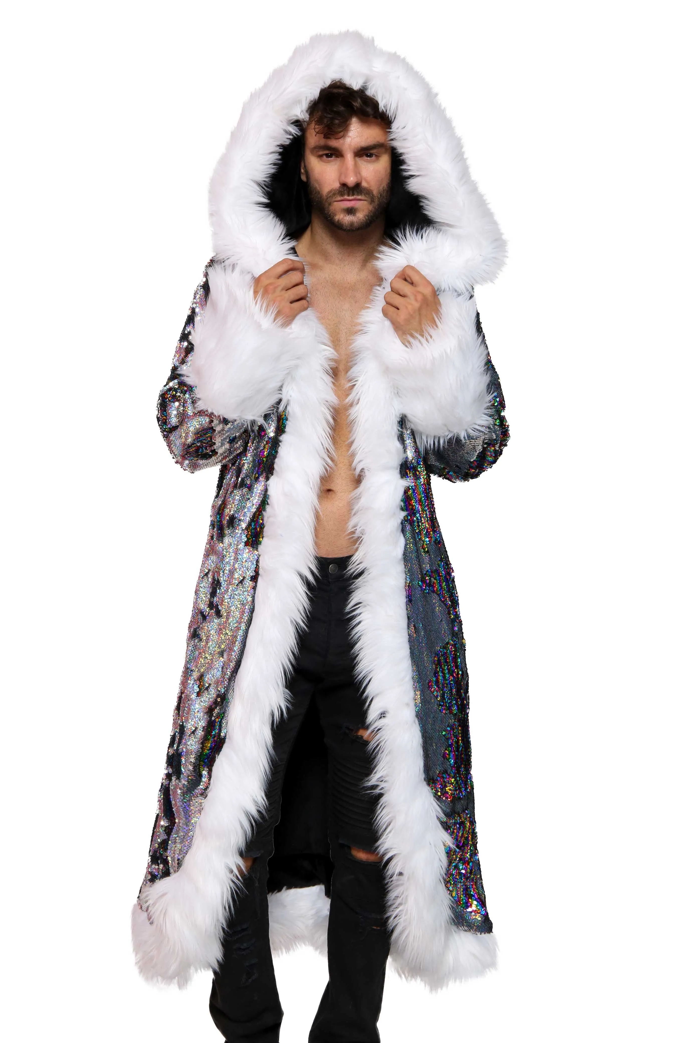 Men's Sequin King Coat in "Silver Hologram-Rainbow Stripe"