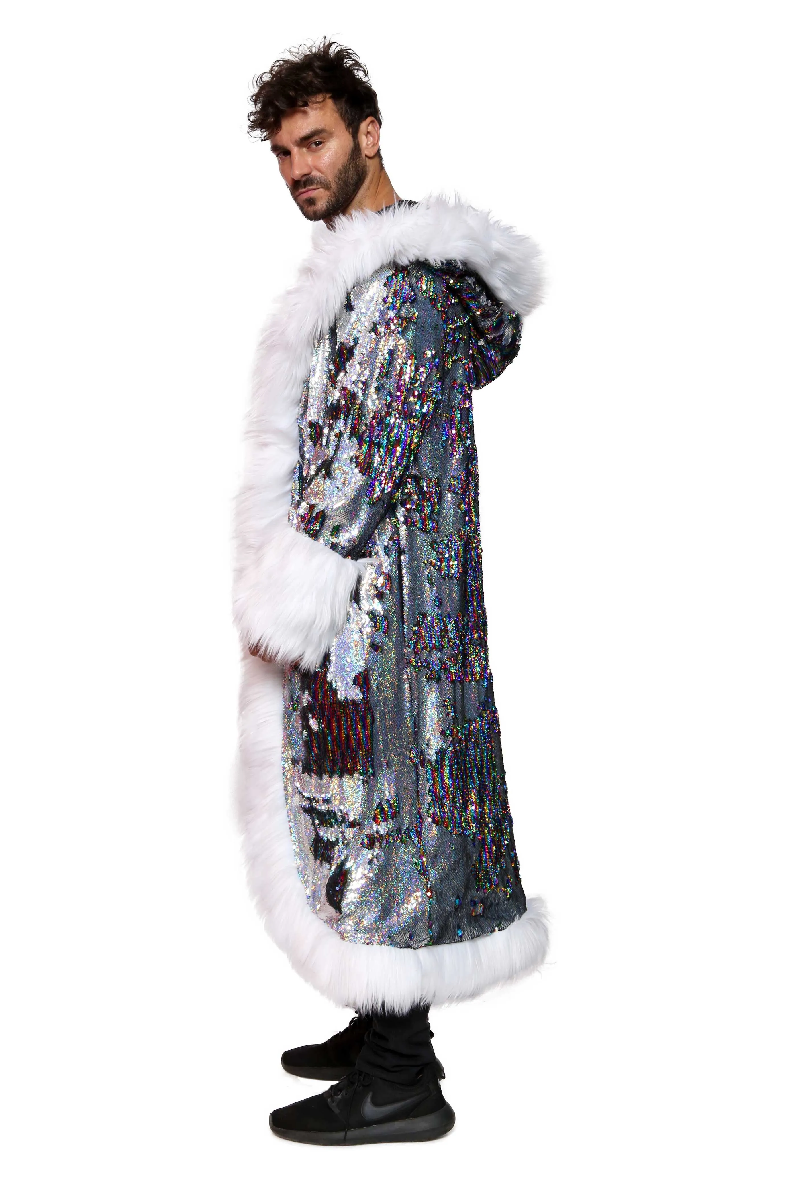 Men's Sequin King Coat in "Silver Hologram-Rainbow Stripe"