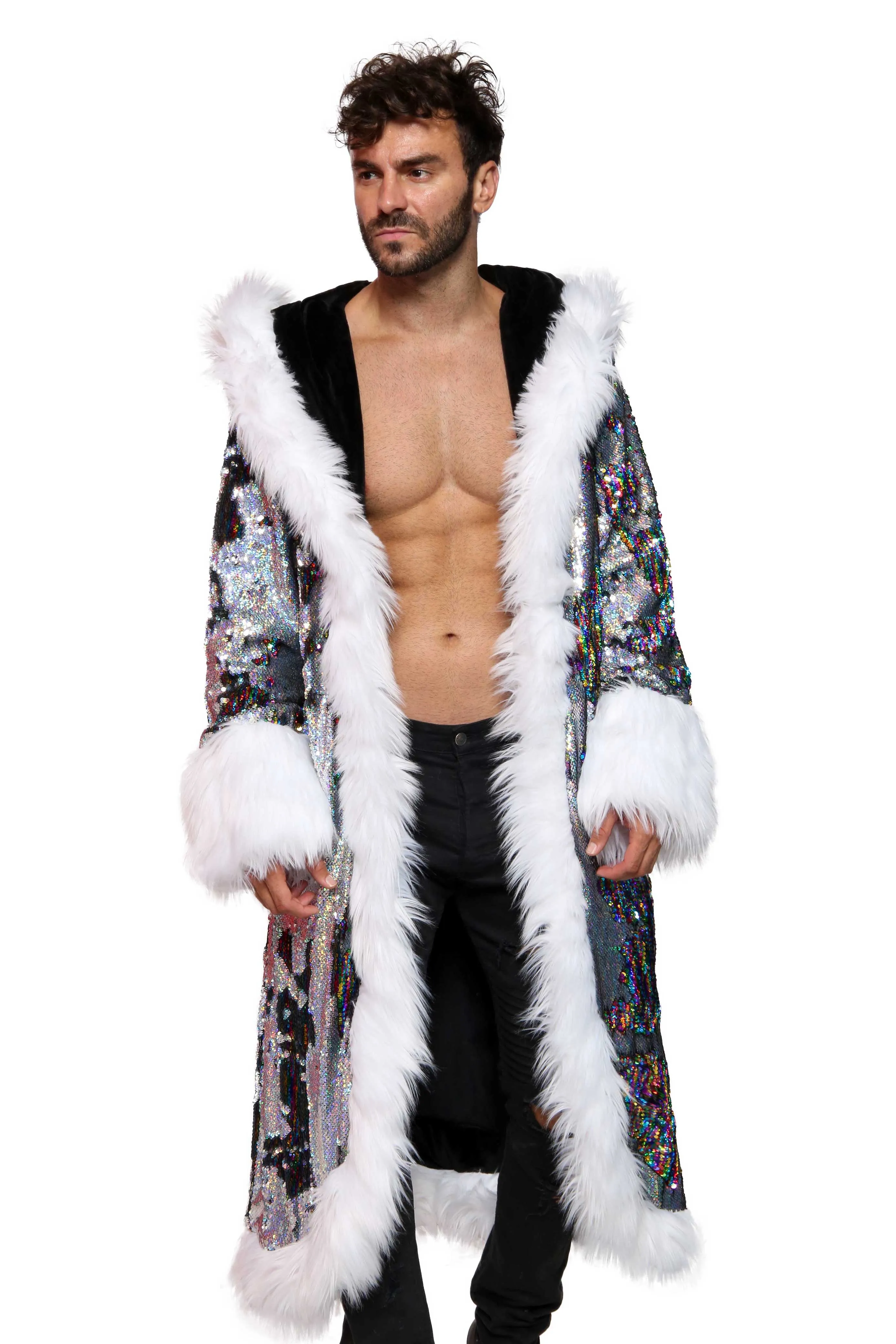 Men's Sequin King Coat in "Silver Hologram-Rainbow Stripe"