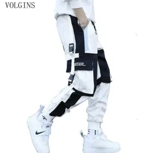 Mens Streetwear Multi Pocket Cargo Harem Pants in Black and White