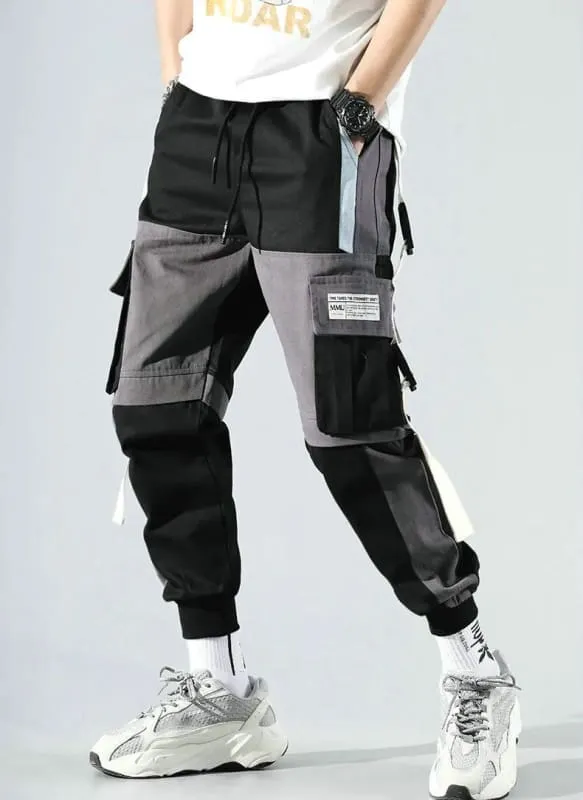 Mens Streetwear Multi Pocket Cargo Harem Pants in Black and White