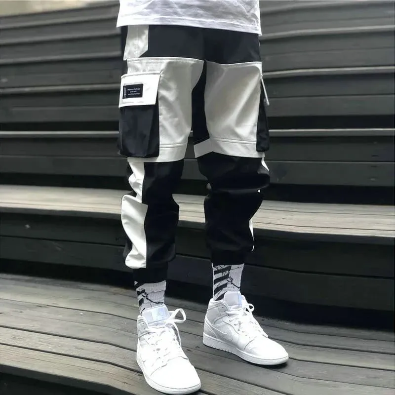 Mens Streetwear Multi Pocket Cargo Harem Pants in Black and White