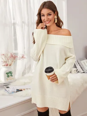 Off Shoulder Bishop Sleeve Split Hem Jumper Dress