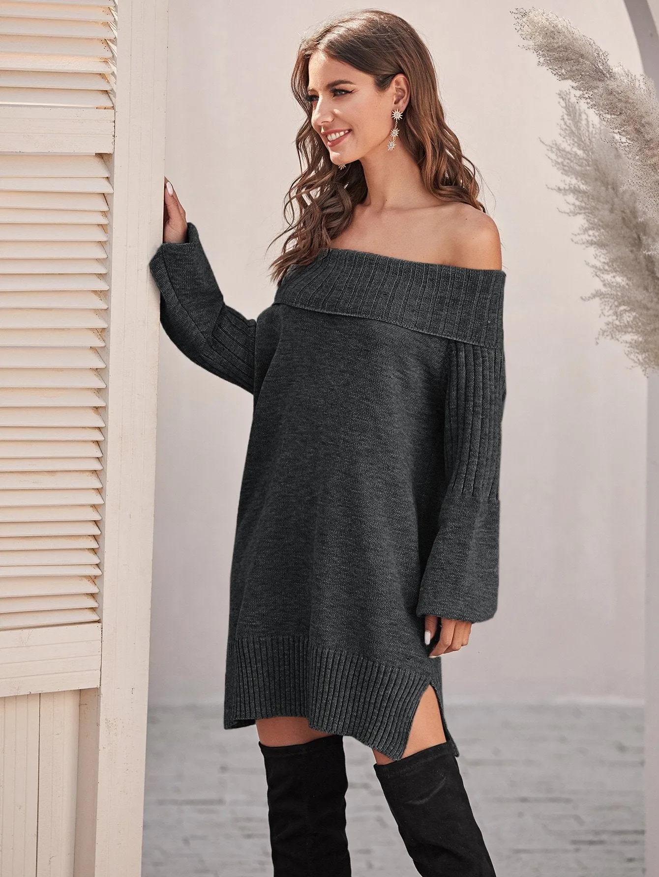Off Shoulder Bishop Sleeve Split Hem Jumper Dress