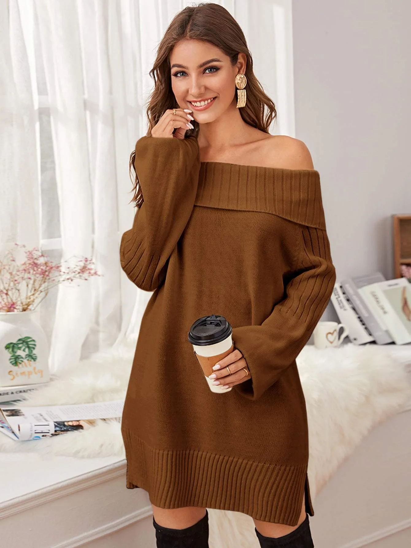 Off Shoulder Bishop Sleeve Split Hem Jumper Dress