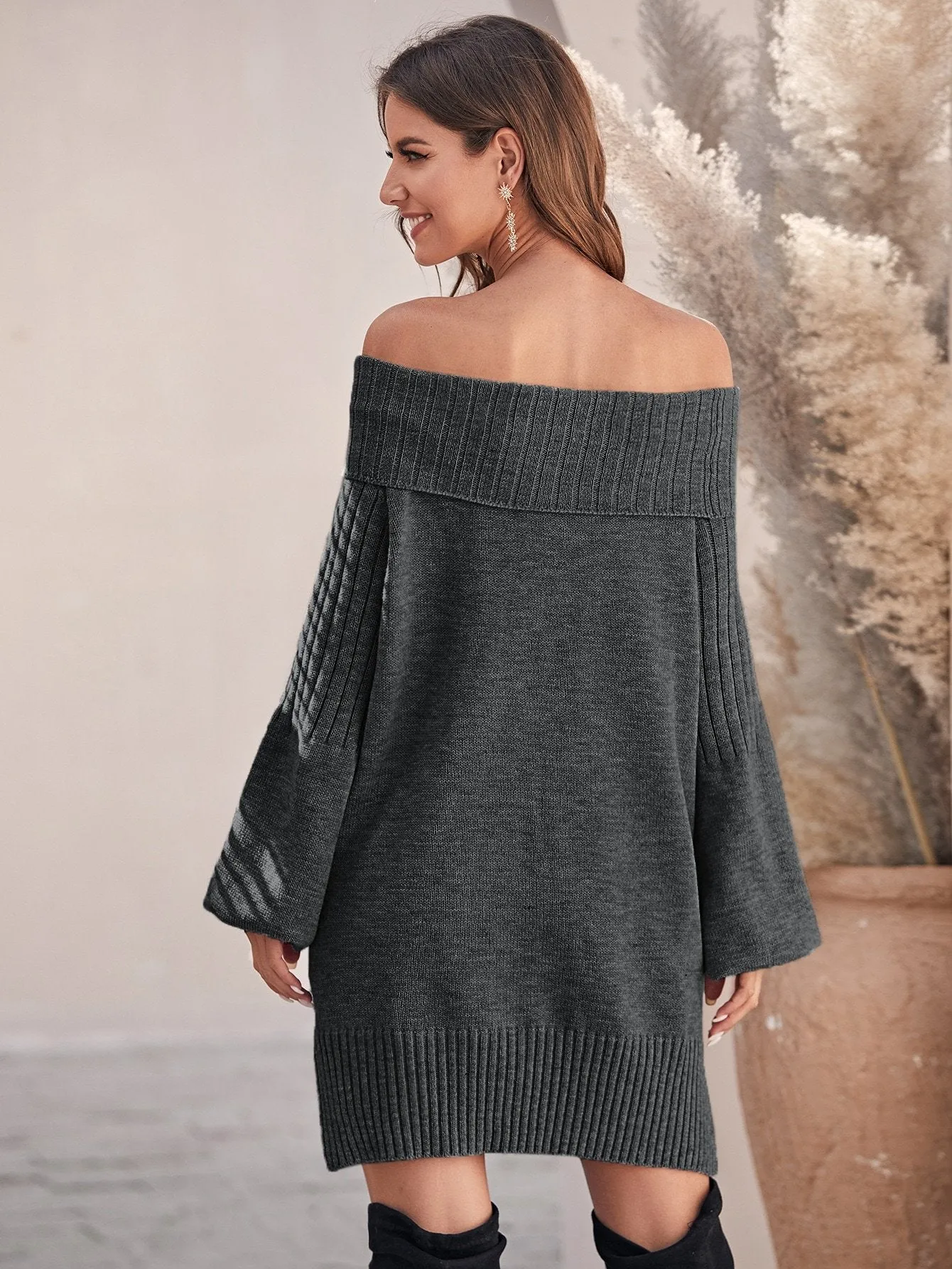Off Shoulder Bishop Sleeve Split Hem Jumper Dress