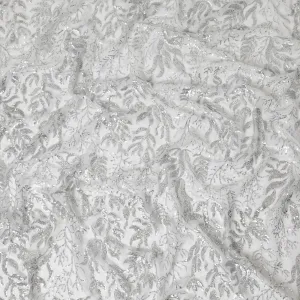 Pearl grey premium pure silk chiffon fabric with same tone sequins embroidery in floral design-D13627