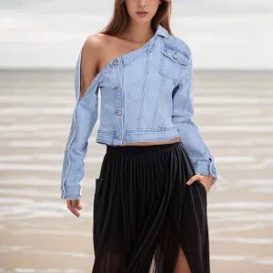 Retro off-the-shoulder blue denim jacket Top Jean Coat