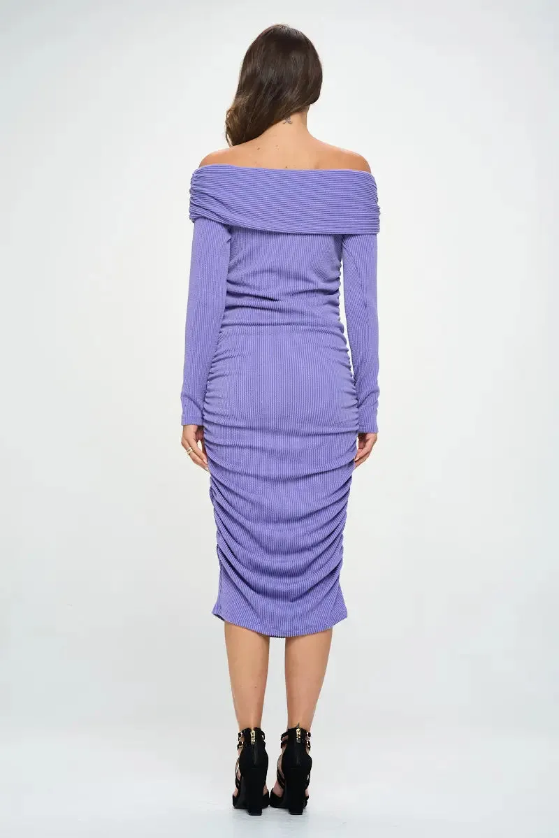 Rib Knit Off Shoulder Long Sleeve Bodycon Dress