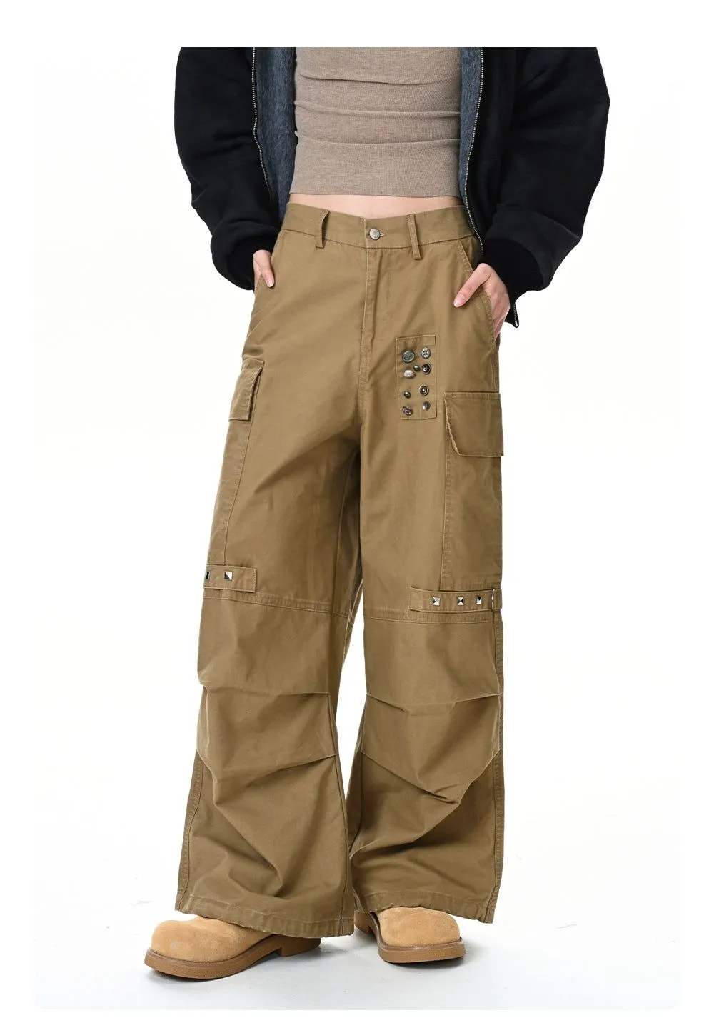 Rivet Buttons Pleated Cargo Pants