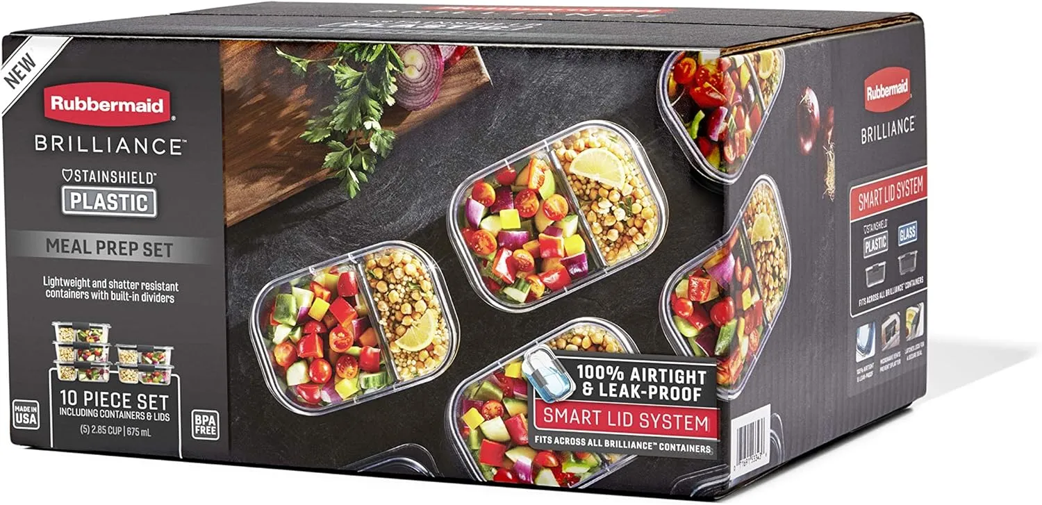 Rubbermaid Brilliance Food Storage Containers, BPA Free, Airtight Lids, Ideal for Lunch, Meal Prep & Leftovers, Set of 5 (3.2 Cup)