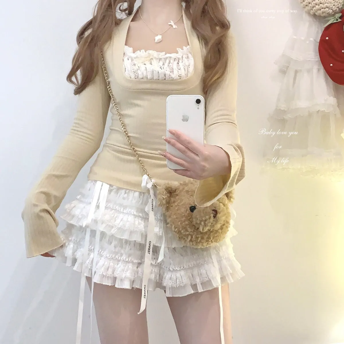 *sleepingdoll homemade* French lace splicing layered leggings skirt