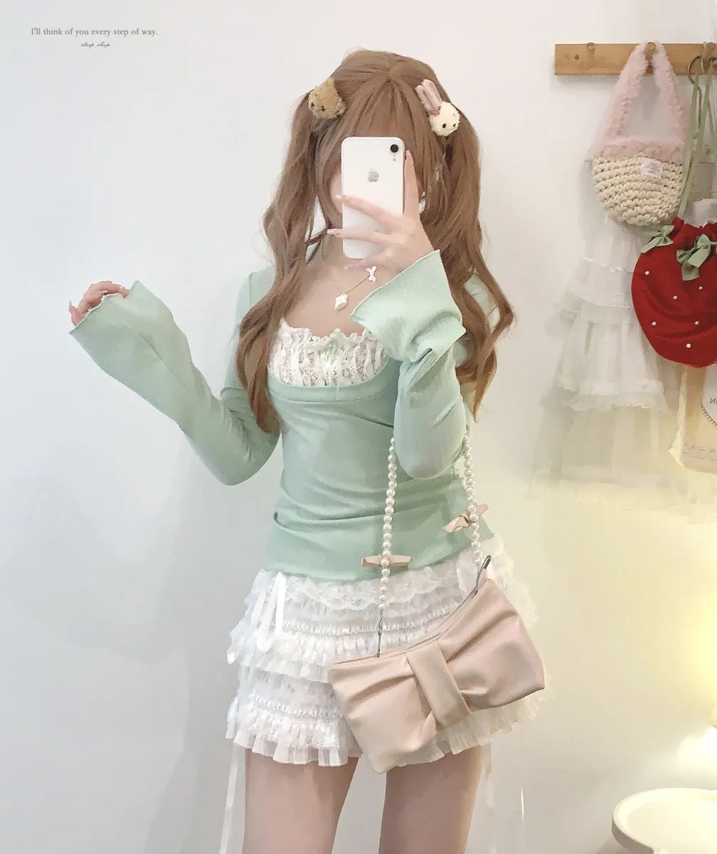 *sleepingdoll homemade* French lace splicing layered leggings skirt
