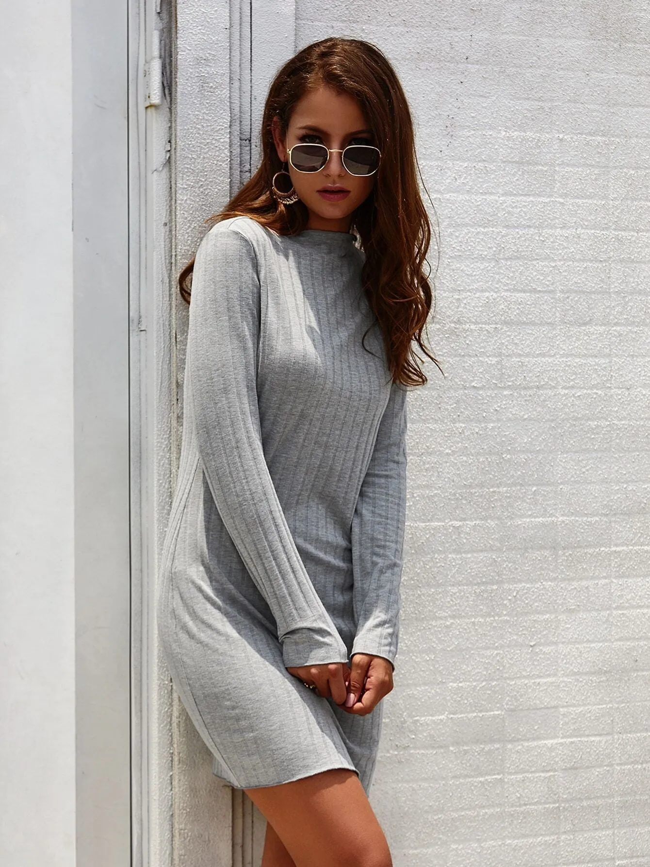 Solid Mock Neck Fitted Jumper Dress
