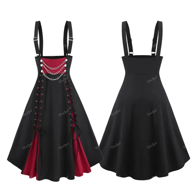 Uniwim Gothic Suspender Skirt Lace Up Ruched Layered Button Chain Skirts Ladies All Season Wear Elastic Waist Midi Skirt