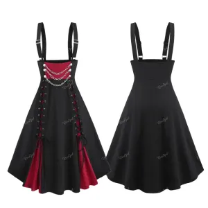 Uniwim Gothic Suspender Skirt Lace Up Ruched Layered Button Chain Skirts Ladies All Season Wear Elastic Waist Midi Skirt