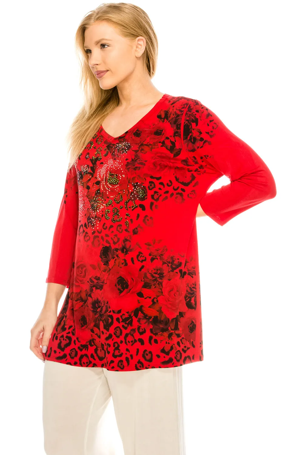 V-Nk Binding Tunic  Quarter Sleeve Rhinestones-3047HT-QRU1-R-U182