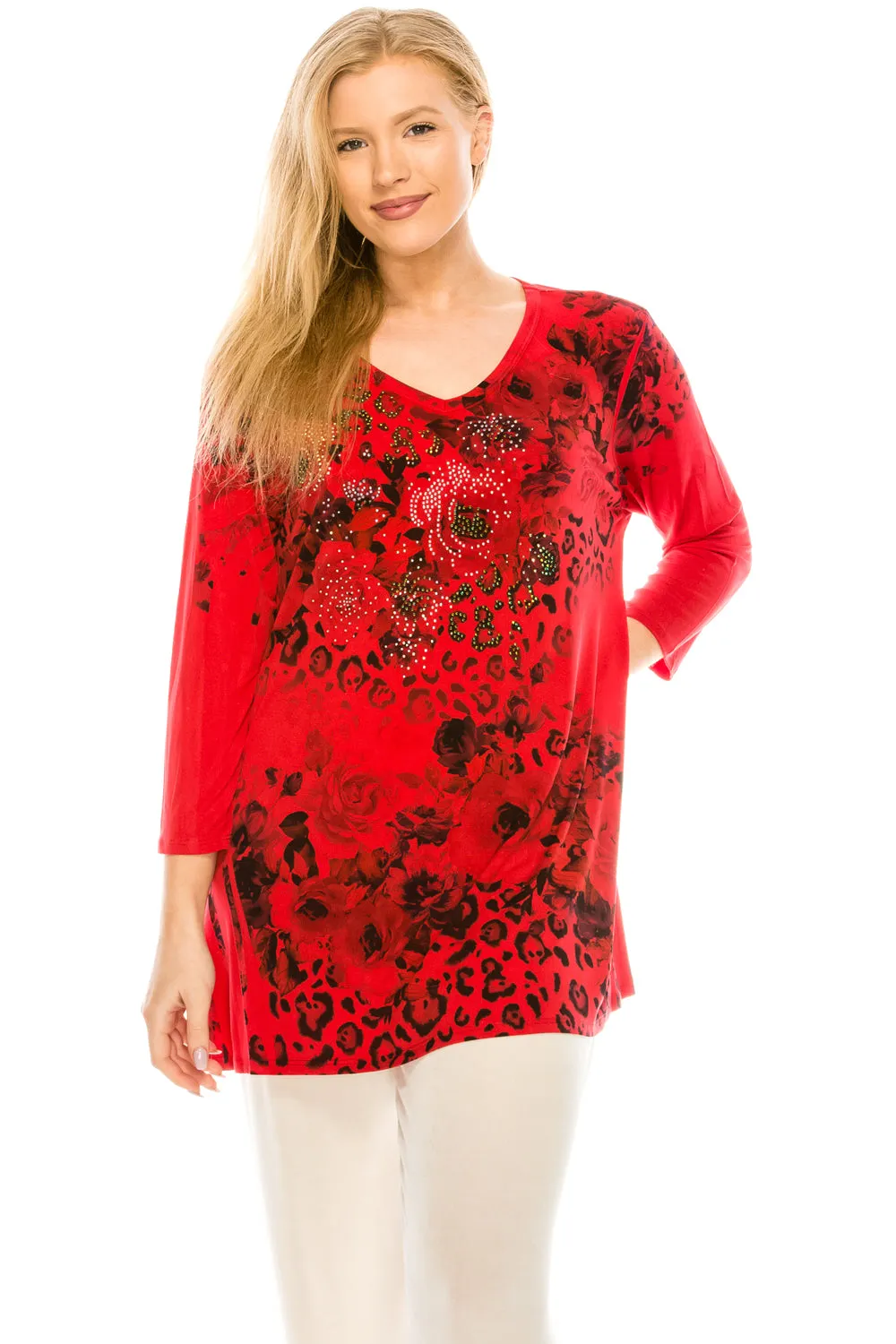 V-Nk Binding Tunic  Quarter Sleeve Rhinestones-3047HT-QRU1-R-U182