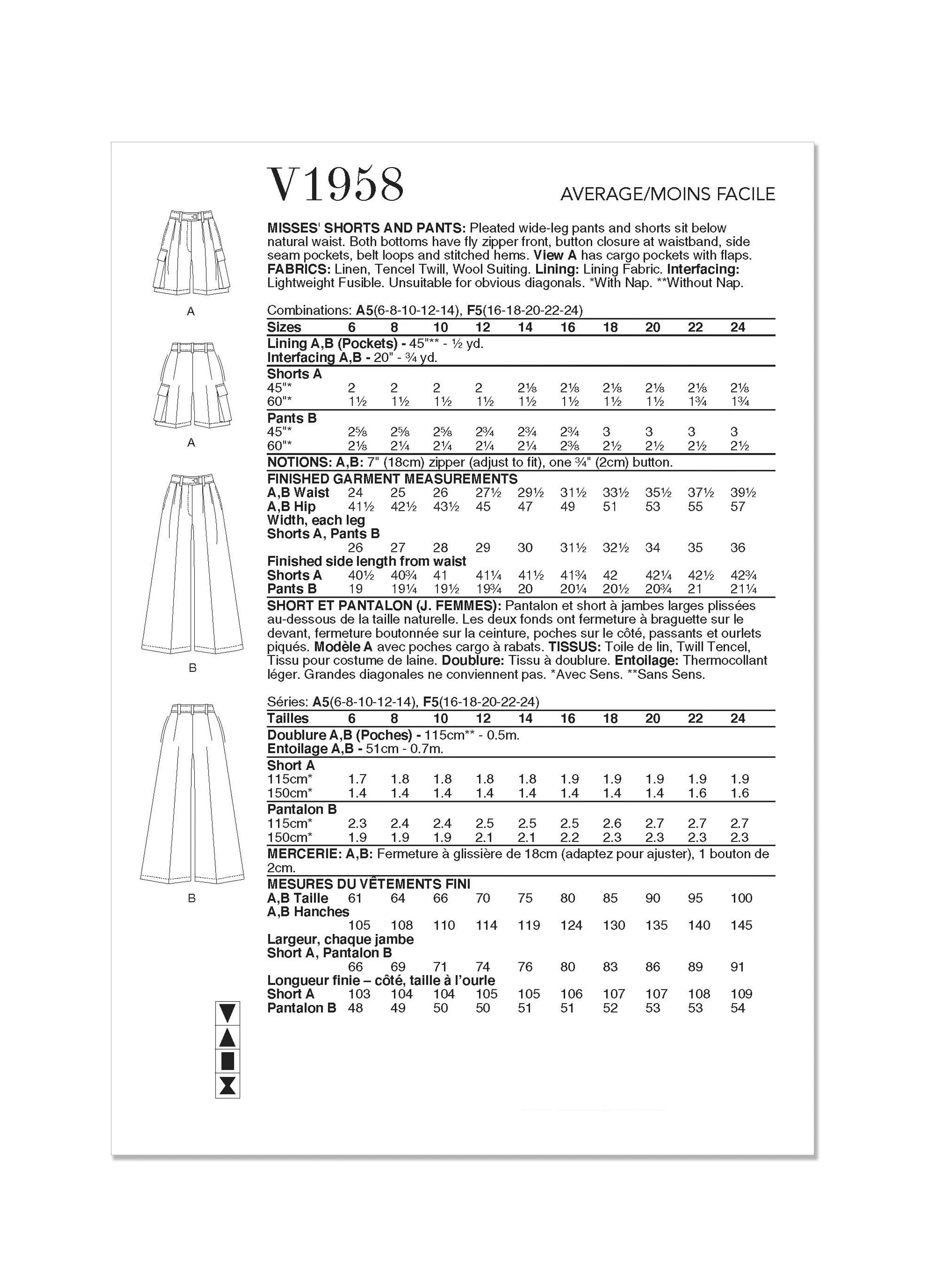 Vogue Pattern V1958 Misses' Skirt/Pants