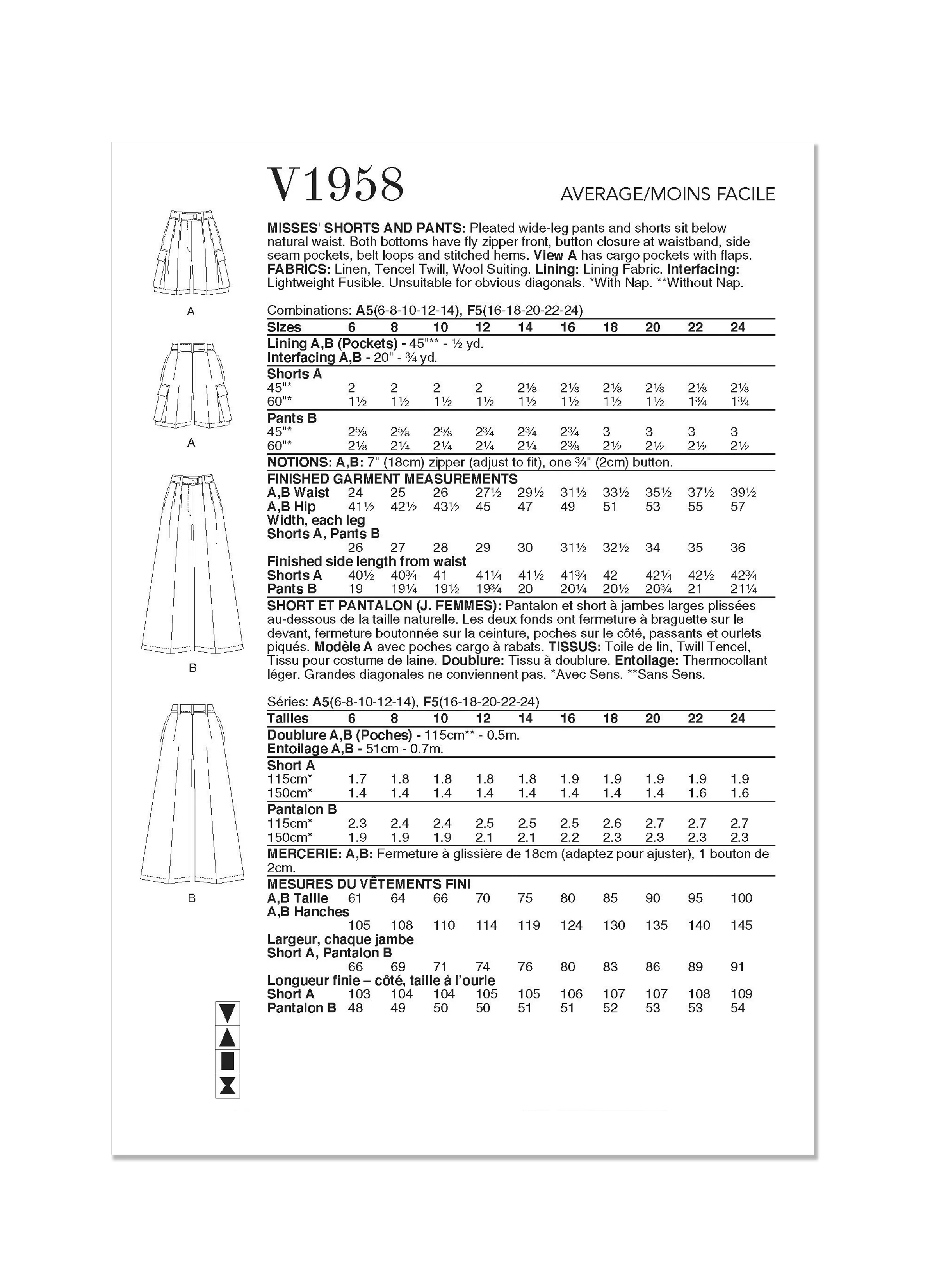Vogue Pattern V1958 Misses' Skirt/Pants